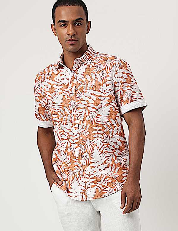 Regular Fit Flax Linen Blend Printed Shirt