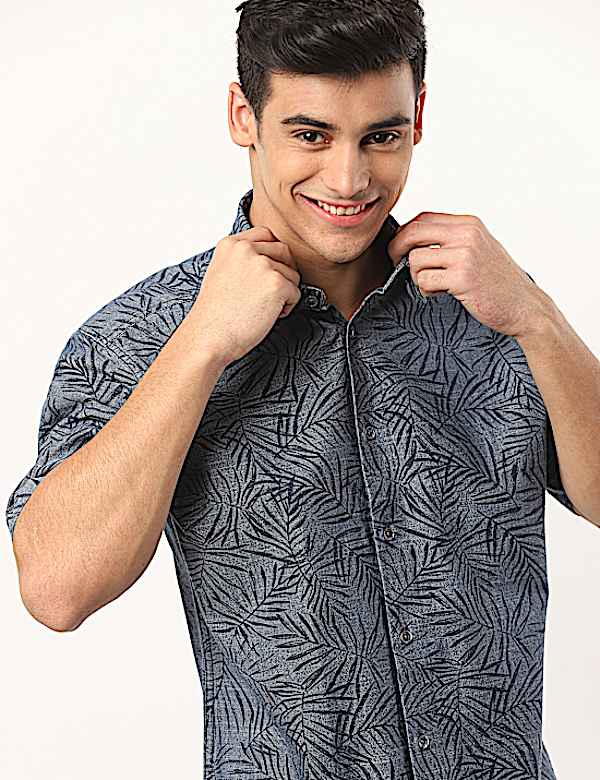 Pure Cotton Printed Spread Collar Denim Shirt