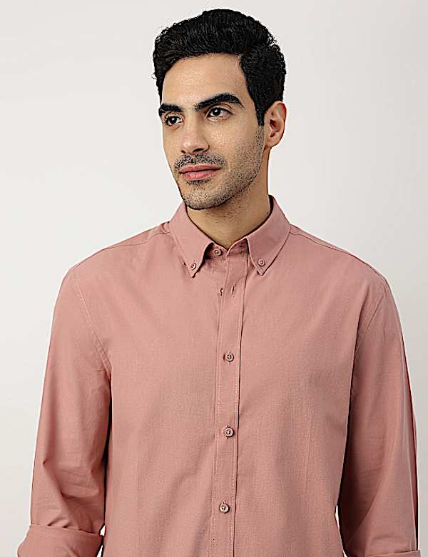 Pure Cotton Plain Button-down Collar Shirt