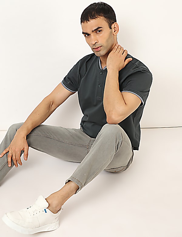 Pure Cotton Self Design Henley Neck T-Shirt
