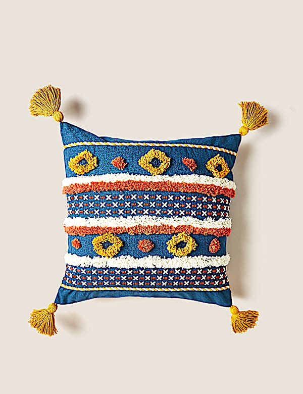 Pure Cotton Striped Tufted Tassel Cushion