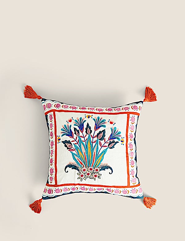 Linen Blend Floral Embroidered Cushion
