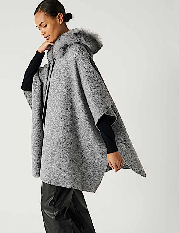 Hooded Faux Fur Trim Poncho