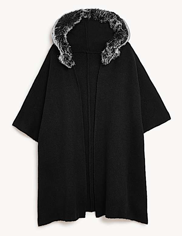 Hooded Faux Fur Trim Poncho