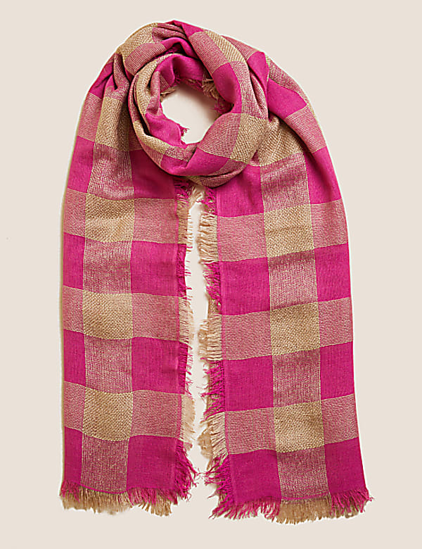 Checked Fringed Scarf with Wool