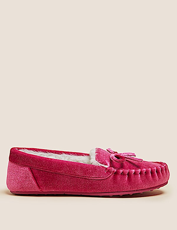 Velvet Bow Faux Fur Lined Moccasin Slippers