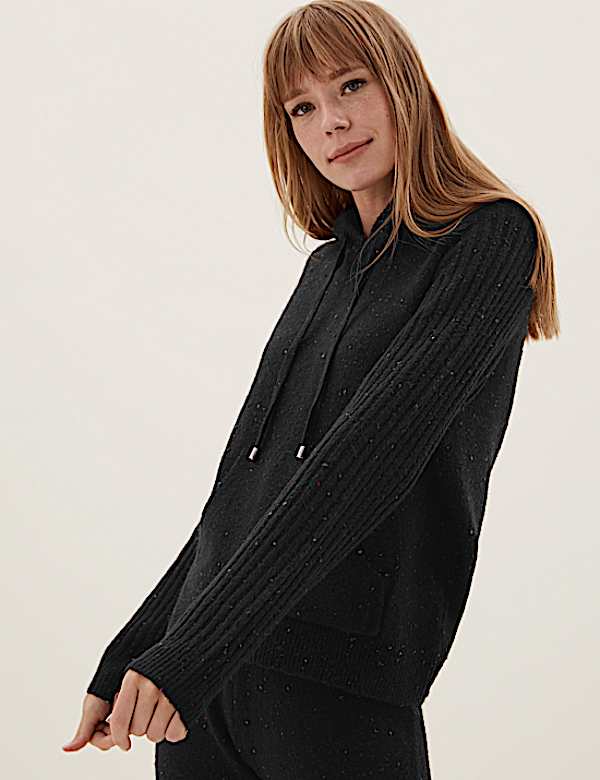 Textured Knitted Rib Sleeve Relaxed Hoodie