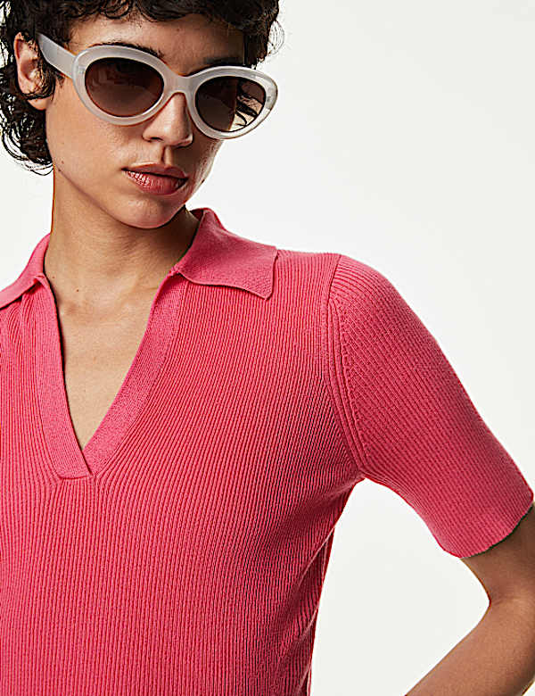 Cotton Rich Ribbed Collared Knitted Top