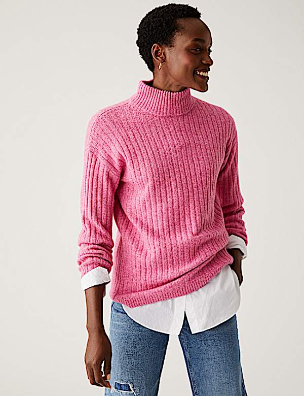 Ribbed Funnel Neck Longline Jumper