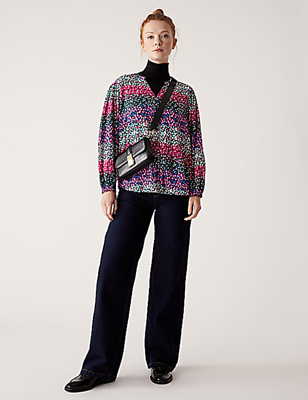 Cotton Blend Printed V-Neck Relaxed Blouse