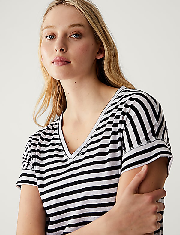 Linen Rich Striped V-Neck T-Shirt