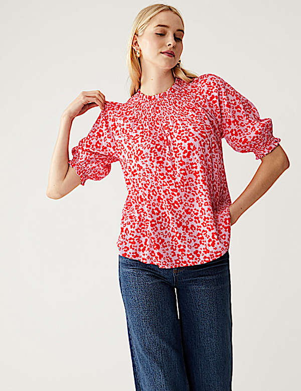 Cotton Blend Printed Shirred Blouse