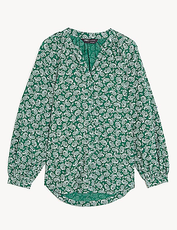 Cotton Rich Printed V-Neck Longline Blouse