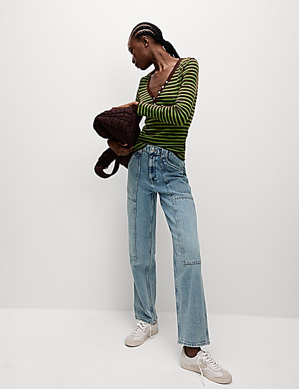Cotton Rich Ribbed Striped V-Neck Top