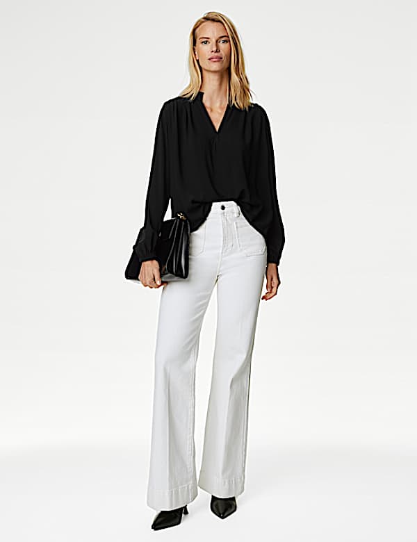 Collarless Regular Fit Long Sleeve Blouse