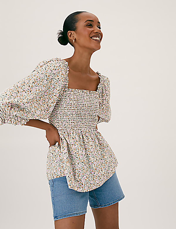 Pure Cotton Floral Square Neck Top