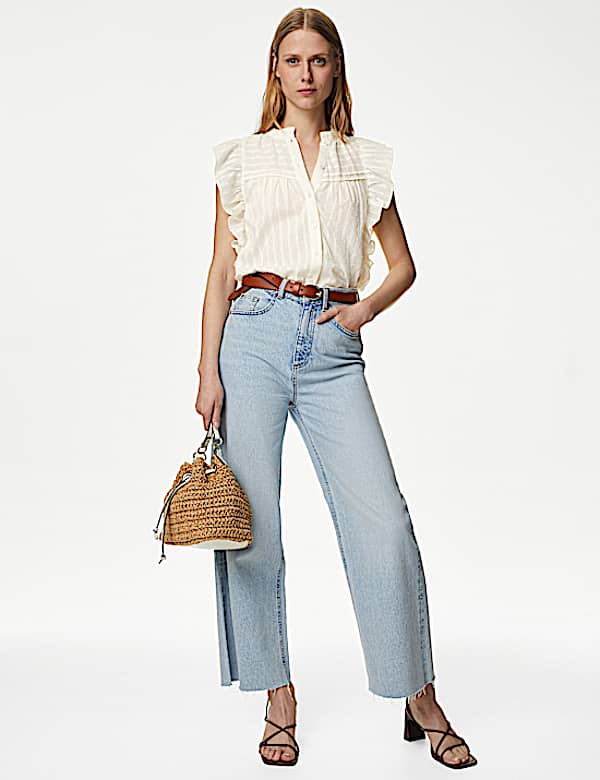 Pure Cotton High Neck Ruffle Blouse