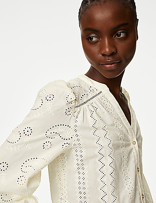 Pure Cotton Broderie V-Neck Blouse