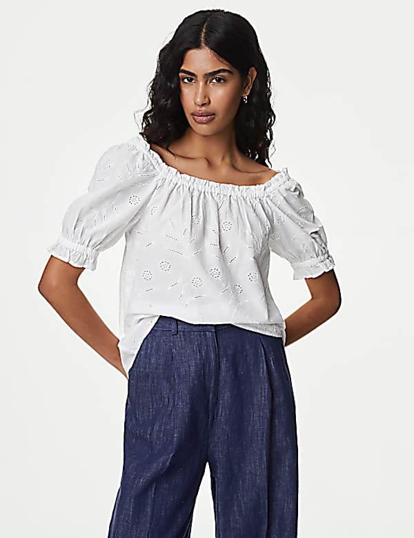Pure Cotton Broderie Square Neck Top