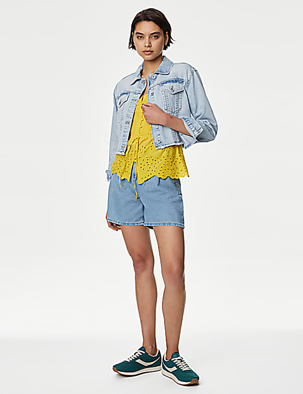 Pure Cotton Broderie V-Neck Tie Front Blouse