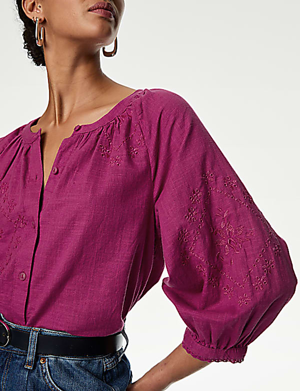 Pure Cotton Embroidered Blouson Sleeve Blouse
