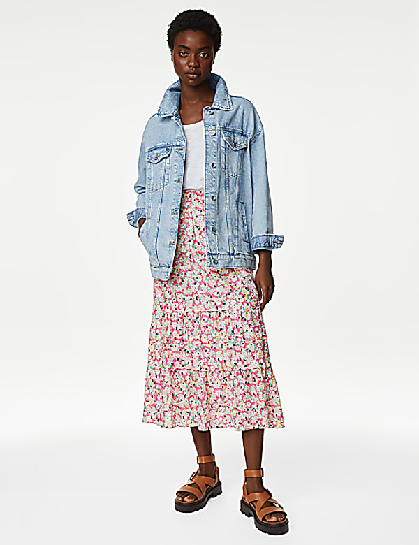 Pure Cotton Floral Midaxi Tiered Skirt