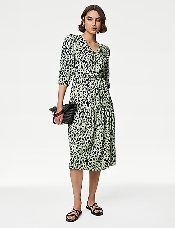 Printed Tie Neck Midi Tiered Dress