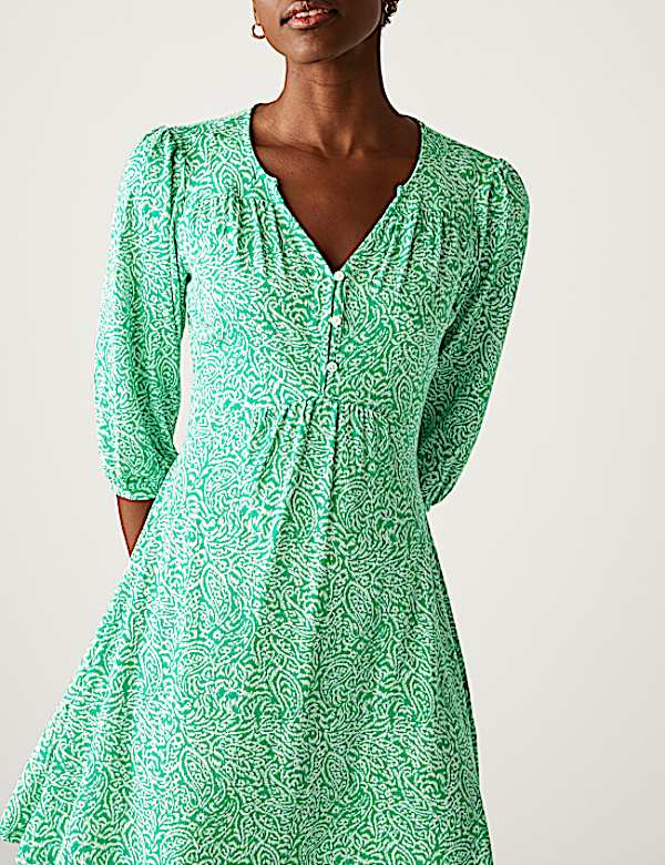 Jersey Printed V-Neck Waisted Dress