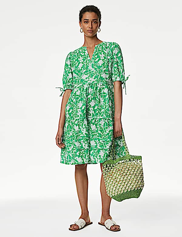 Pure Cotton Floral Pintuck Knee Length Tiered Dress