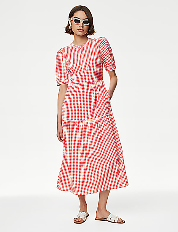 Buy Cotton Rich Gingham Midi Tiered Dress at Marks Spencer