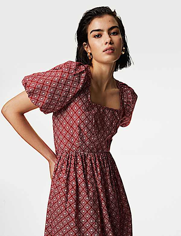 Pure Cotton Printed Square Neck Midi Waisted Dress
