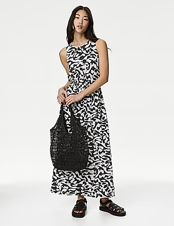 Linen Rich Printed Midi Waisted Dress