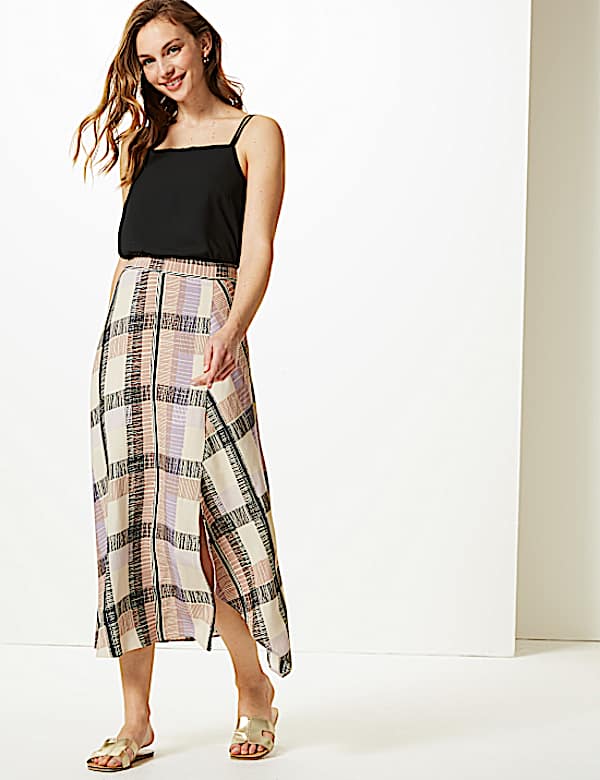 Checked Asymmetric Midi Skirt