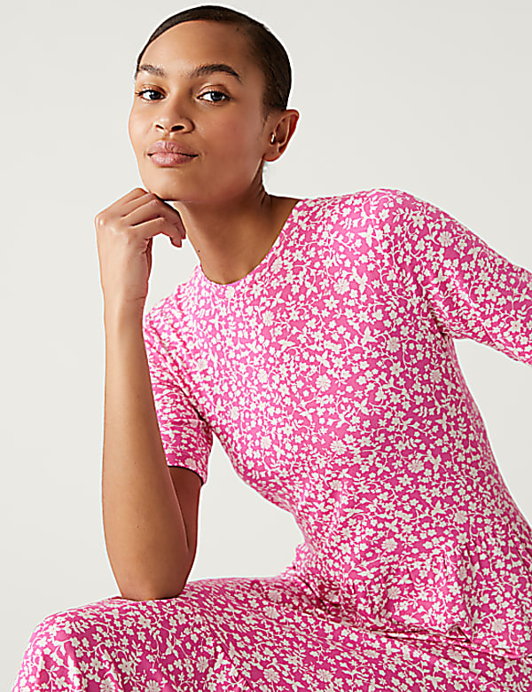 Jersey Printed Round Neck Midi Tiered Dress