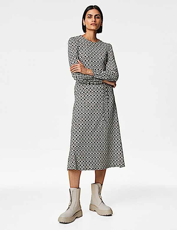 Jersey Printed Belted Midi Tea Dress