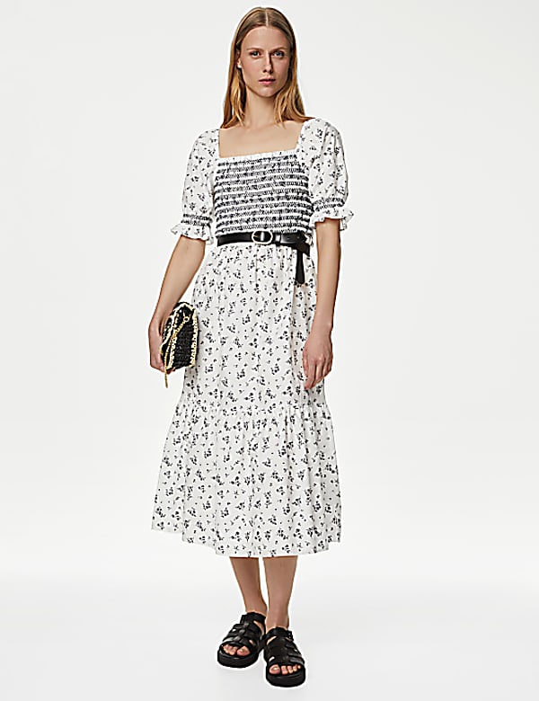Pure Cotton Printed Square Neck Midi Dress