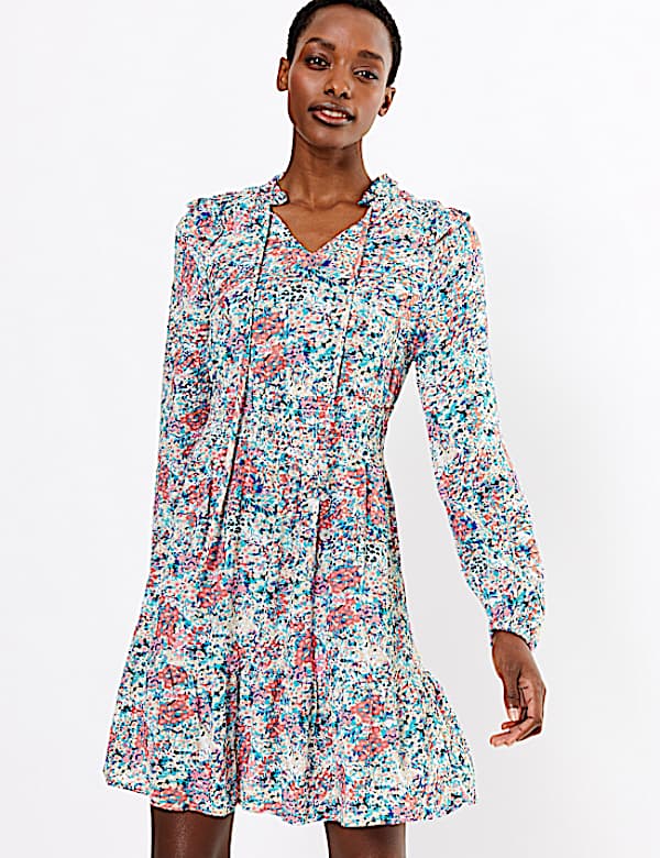 Floral High Neck Mini Waisted Dress