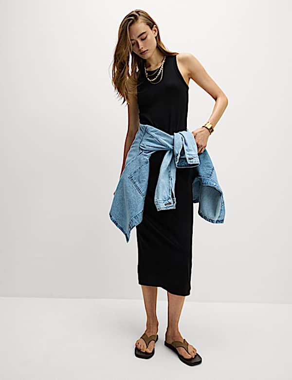 Cotton Rich Ribbed Crew Neck Midi Column Dress