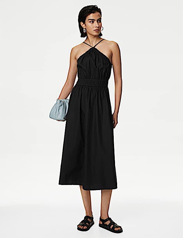Pure Cotton Halter Neck Midi Waisted Dress