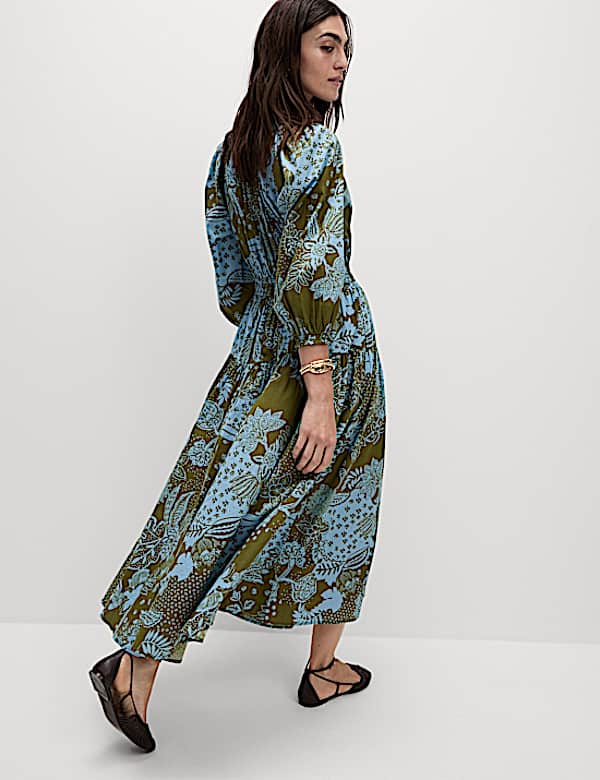 Pure Cotton Printed V-Neck Midi Waisted Dress