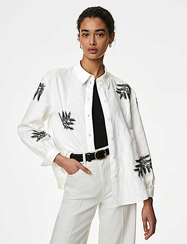 Linen Rich Embroidered Collared Shirt