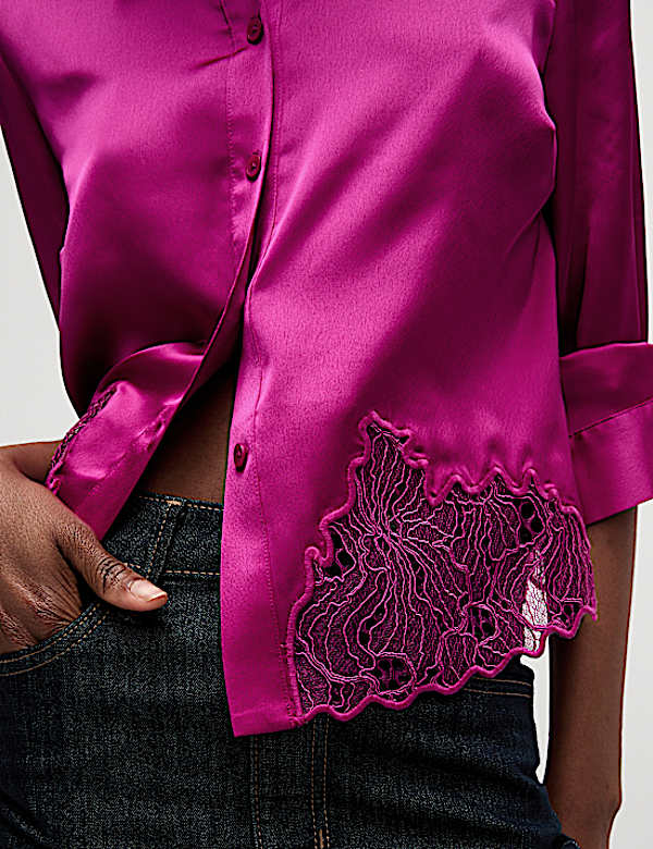 Satin Button Through Lace Detail Shirt