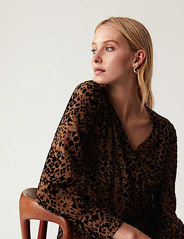Jacquard Animal Print V-Neck Wrap Top