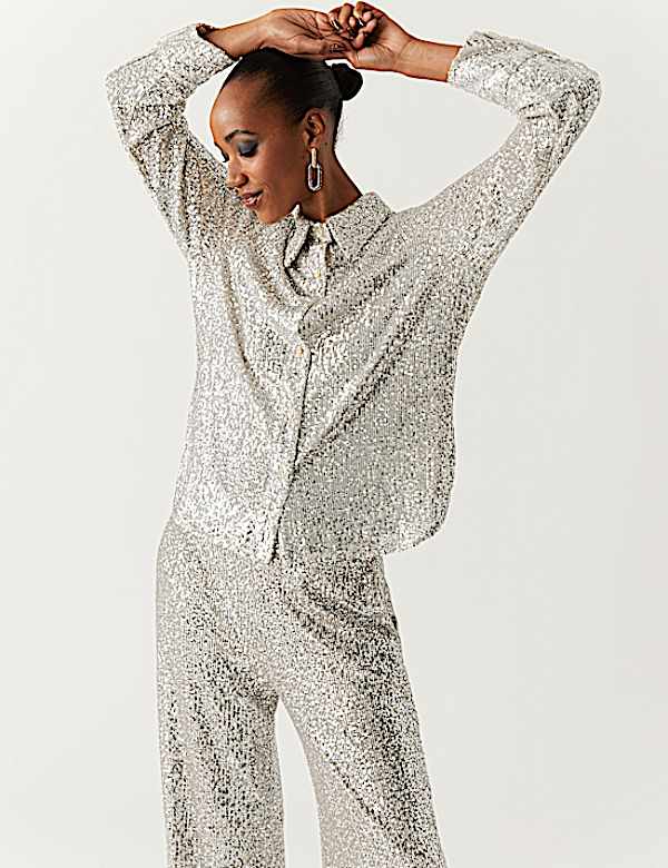 Sequin Collared Long Sleeve Shirt