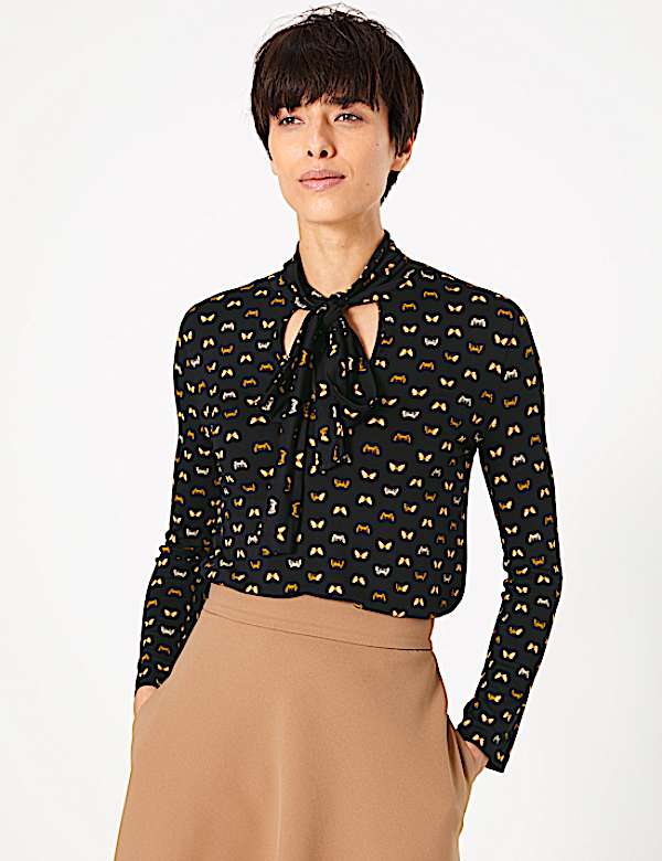Butterfly Print Tie Neck Top
