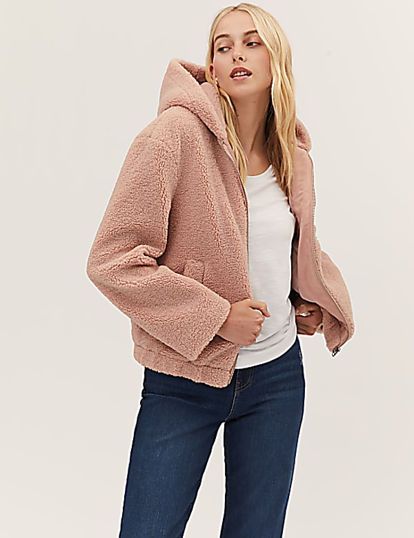Teddy Textured Hooded Bomber Jacket