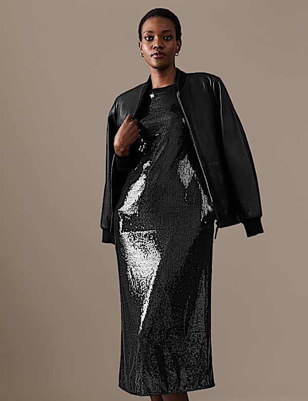 Sequin Round Neck Midi T-Shirt Dress