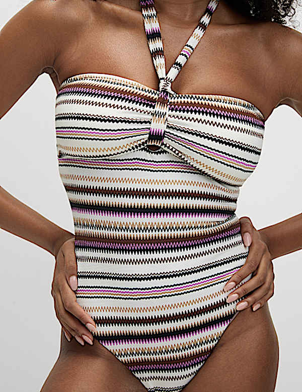 Tummy Control Textured Striped Halterneck Swimsuit