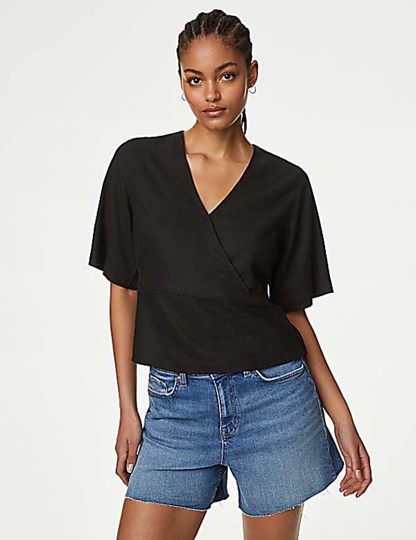 Linen Rich V Neck Kimono Sleeve Blouse