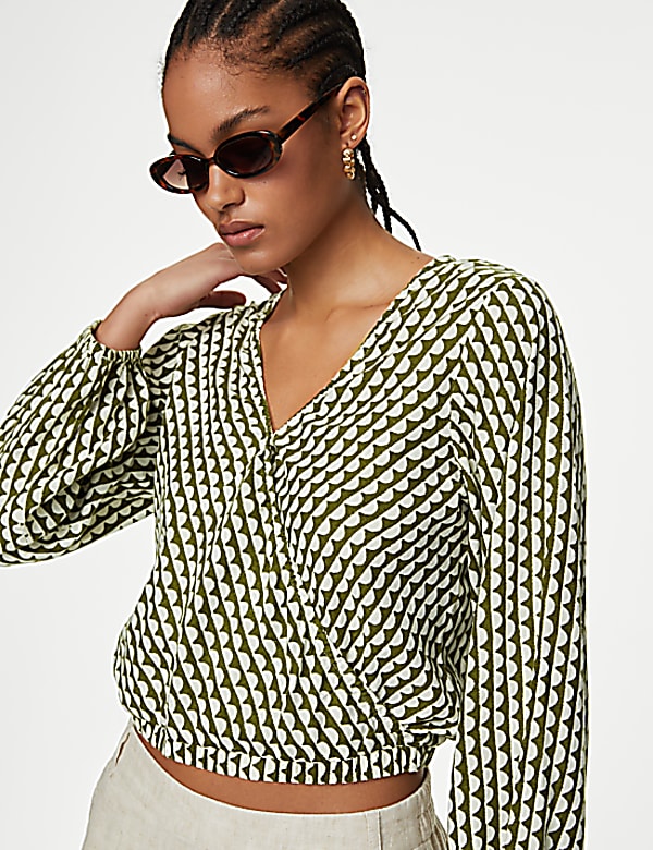Linen Rich Printed V-Neck Wrap Top